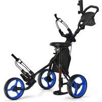 Gymax 3-Wheel Golf Push Pull Cart Folding Golf Trolley With Hydraulic Seat in Blue