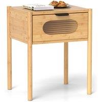 Gymax Bedside Table Nightstand With Tempered Glass Drawer Square End Table in Natural
