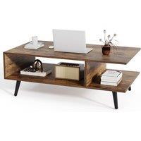 Gymax Mid Century Modern Coffee Table 2-Tier Accent Table With Metal Legs in Brown