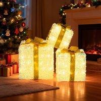 Costway Set of 3 Christmas Lighted Gift Boxes Pre-Lit Tinsel Present Boxes in Yellow