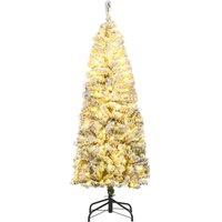 Gymax 150 CM Pre-Lit Christmas Tree Thick Snow-flocked Slim Pencil Xmas Tree in Green