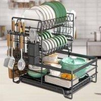 EONLION 3 Tier Sink Dish Drainer Rack Plate Cutlery Holder Drip Tray in Black
