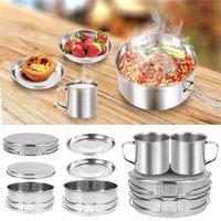 VOGREX 8Pcs Hiking Cookware Set Portable Outdoor Camping Picnic Pan Pot in Silver