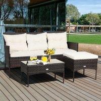 Costway 3 PCS Patio Rattan Conversation Set 3 Seater Garden Corner Sofa Set W/ Coffee Table in White