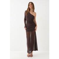 MissPap Women's Mesh Ruched One Shoulder Maxi Dress in Chocolate | Size: 16