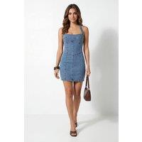 MissPap Women's Corset Strappy Denim Dress in Pale Wash | Size: 4