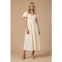 Dorothy Perkins Women's Bubble Sleeve Waistband Midi Dress in Cream | Size: 14