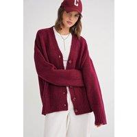 MixRay Women's Buttoned V-Neck Ribbed Knit Cardigan in Burgundy