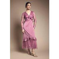 Oasis Women's Lace Panel Detail Frill Hem Midi Dress in Mauve | Size: 12