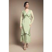 Oasis Women's Lace Panel Detail Frill Hem Midi Dress in Sage | Size: 8