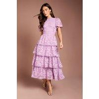 Coast Women's Tiered Lace Midi Dress With Flutter Sleeve & Trims in Lilac | Size: 12