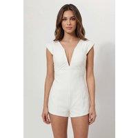MissPap Women's Pleated Shoulder Bardot Tailored Playsuit in Ivory | Size: 8