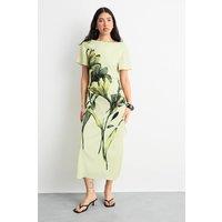 Warehouse Women's Placement Print Crinkle Satin Ruched Midi Dress in Lime Yellow | Size: 6