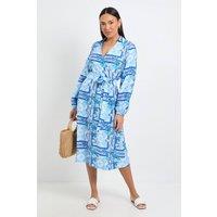 Wallis Women's Summer Tropical Belted Midi Dress in Blue | Size: 10