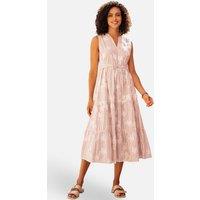 Yumi Women's Brown Stripe With Embroidered Flower Cotton Dress in Light Tan | Size: 16