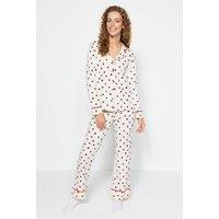 WOVCOR Women's 2-Piece Cotton Heart Print Knit Pajama Set in Cream | Size: Medium