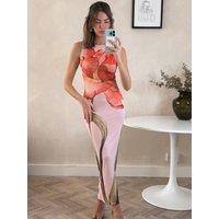 Style Cheat Women's Pink & Orange Floral Mesh Maxi Dress with Slip | Size: 14