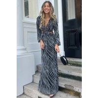 Style Cheat Women's Tami Metallic Zebra Cut-Out Silver Maxi Dress in Black | Size: 10