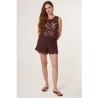 Dexia Women's Brown Floral Crochet Vest & Shorts Co-ord Set | Size: S/M