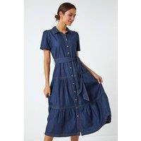 Roman Women's Denim Tiered Cotton Midi Dress in Blue | Size: 10
