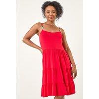 Roman Women's Petite Beaded Strappy Tiered Dress in Red | Size: 18