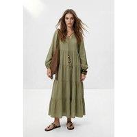 WOVCOR Women's Relaxed Fit Woven Maxi Dress with Flowing & Minimal Design in Khaki | Size: Medium