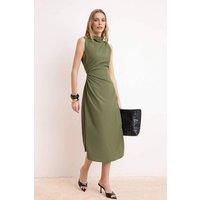 WOVCOR Women's Asymmetric Ruched Sleeveless Midi Dress with Draped Waist in Khaki | Size: Large