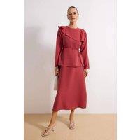 WOVCOR Women's Belted Ruffle Detail Long Sleeve Midi Dress with Layered Fit in Burgundy | Size: 14