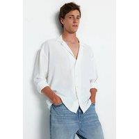 WOVCOR Men's Relaxed Fit Textured Button-Up Shirt with Open Collar in White | Size: Medium
