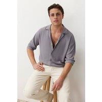WOVCOR Men's Relaxed Fit Textured Button-Up Shirt with Open Collar in Grey | Size: XS