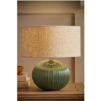 ValueLights Rebecca Green Ribbed Ceramic Table Lamp with Linen Drum Lamp Shade in Dark Green