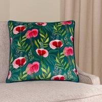 Wylder Nature House of Bloom Poppy Piped Cushion in Teal | Size: 43 cm x 43 cm