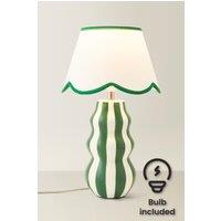 ValueLights Everie Green Stripe Table Lamp with Scalloped Lamp Shade & Bulb in Bright Green