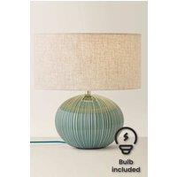 ValueLights Rebecca Green Ribbed Ceramic Table Lamp with Linen Drum Shade & Bulb in Dark Green