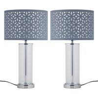 First Choice Lighting Set of 2 Aura - Chrome Table Lamps with Grey Cut Out Shades in Silver