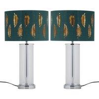 First Choice Lighting Set of 2 Aura - Chrome Table Lamps with Green Fern Cut Out Shades in Silver