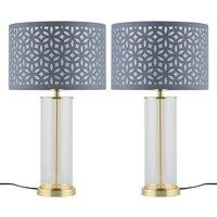 First Choice Lighting Set of 2 Aura - Satin Brass Lamps with Grey Cut Out Shades in Gold