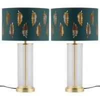 First Choice Lighting Set of 2 Aura - Satin Brass Lamps with Green Fern Cut Out Shades in Gold