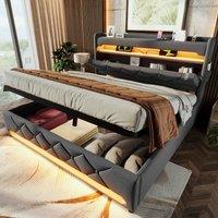 BTM Ottoman Bed with LED Lighting, USB Type-C Charging, Storage Headboard in Grey | Size: Double