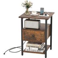 Gymax Nightstand Bedside End Table With Charging Station Drawer Open Shelves in Brown