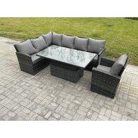 Fimous Wicker PE Outdoor Rattan Garden Furniture Set Height Adjustable Rising Lifting Table Sofa Dining Set with Armchair Dark Grey Mixed