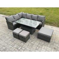 Fimous Wicker PE Outdoor Rattan Garden Furniture Set Height Adjustable Rising Lifting Table Sofa Dining Set with 3 Footstools Dark Grey Mixed