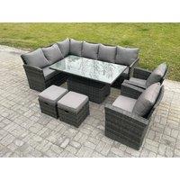 Fimous Outdoor Garden Furniture Set Wicker PE Rattan Height Adjustable Rising Lifting Table Sofa Dining Set with 2 Small Footstool 2 Armchairs