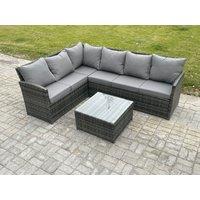 Fimous 6 Seater Outdoor Garden Furniture Set Wicker PE Rattan Corner Sofa Set with Square Coffee Table Dark Grey Mixed