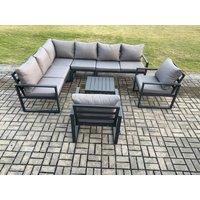 Fimous Aluminium Garden Furniture Set Outdoor Lounge Corner Sofa 2 Pcs Chair Square Coffee Table Sets Dark Grey 8 Seater