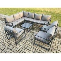 Fimous Aluminium Garden Furniture Set Outdoor Lounge Corner Sofa 3 Pcs Chair Square Coffee Table Sets Dark Grey 9 Seater