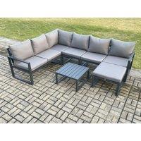 Fimous 7 Seater Aluminium Garden Furniture Set Outdoor Lounge Corner Sofa Square Coffee Table Sets with Big Footstool Dark Grey