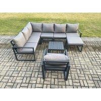 Fimous 8 Seater Aluminium Garden Furniture Set Outdoor Lounge Corner Sofa Chair Square Coffee Table Sets with Big Footstool Dark Grey