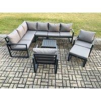 Fimous 9 Seater Aluminium Garden Furniture Set Outdoor Lounge Corner Sofa 2 Pcs Chair Square Coffee Table Sets with Big Footstool Dark Grey