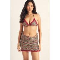 NastyGal Women's Leopard Cherry Print Contrast Lace Trim 3pc Triangle Bikini Set in Tan | Size: 6